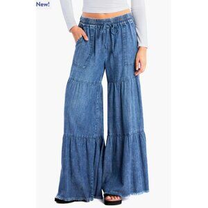 Billy T Women's Elastic Waistband Fancy Cotton Blend Tiered Pants Size M